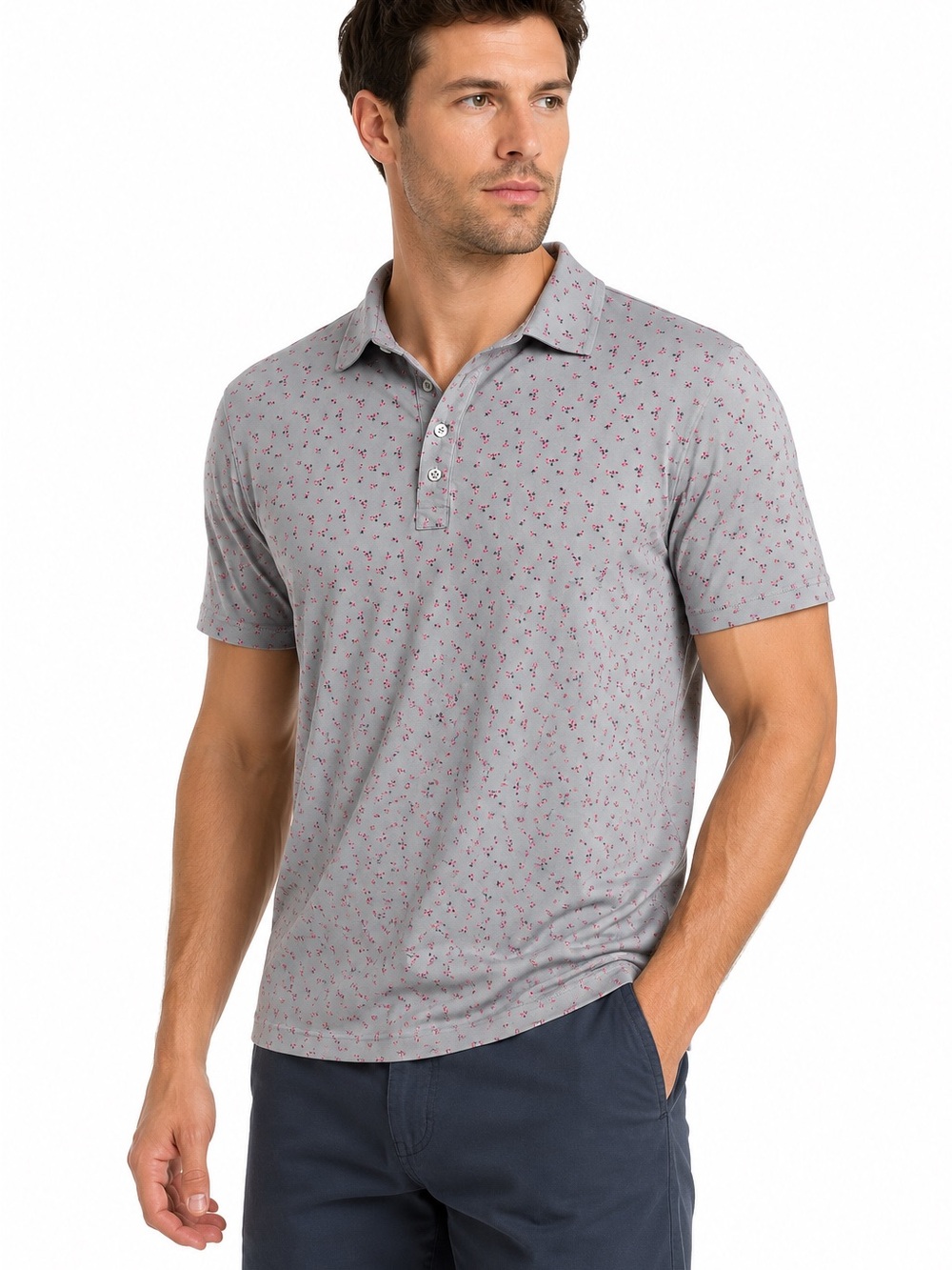 G/FORE Light Gray Polo Pink Micro Floral Print Golf Performance Medium